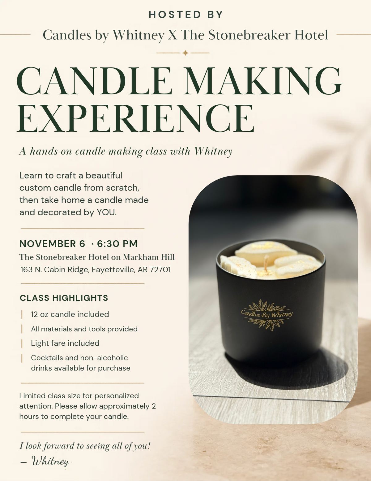 11/6 Candle-Making Class at Stonebreaker Hotel on Markham Hill